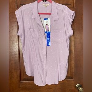 NWT JACHS Girlfriend Button Up short sleeve Top Purple w/Dots LARGE